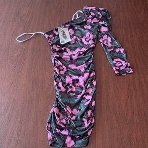 Forplay Bodycon One Sleeve Dress Pink Green Small